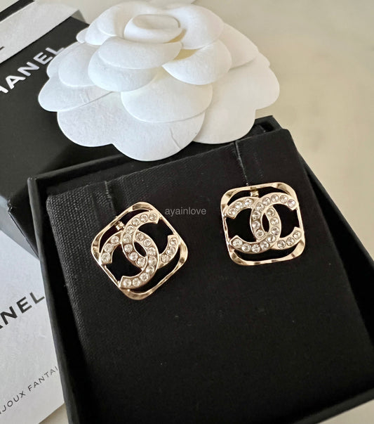 CHANEL 23P Square See Through Crystal CC Stud Earrings Light Gold Hardware