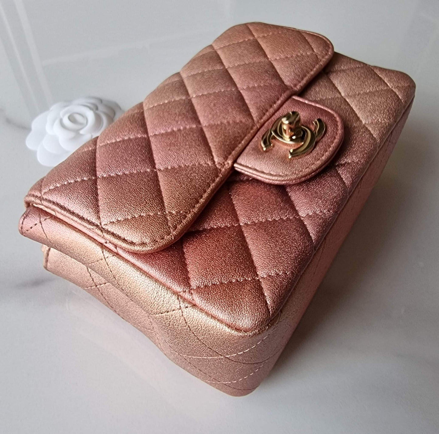 CHANEL 21S Iridescent Rose Gold Square Mini Flap Bag Light Gold Hardware