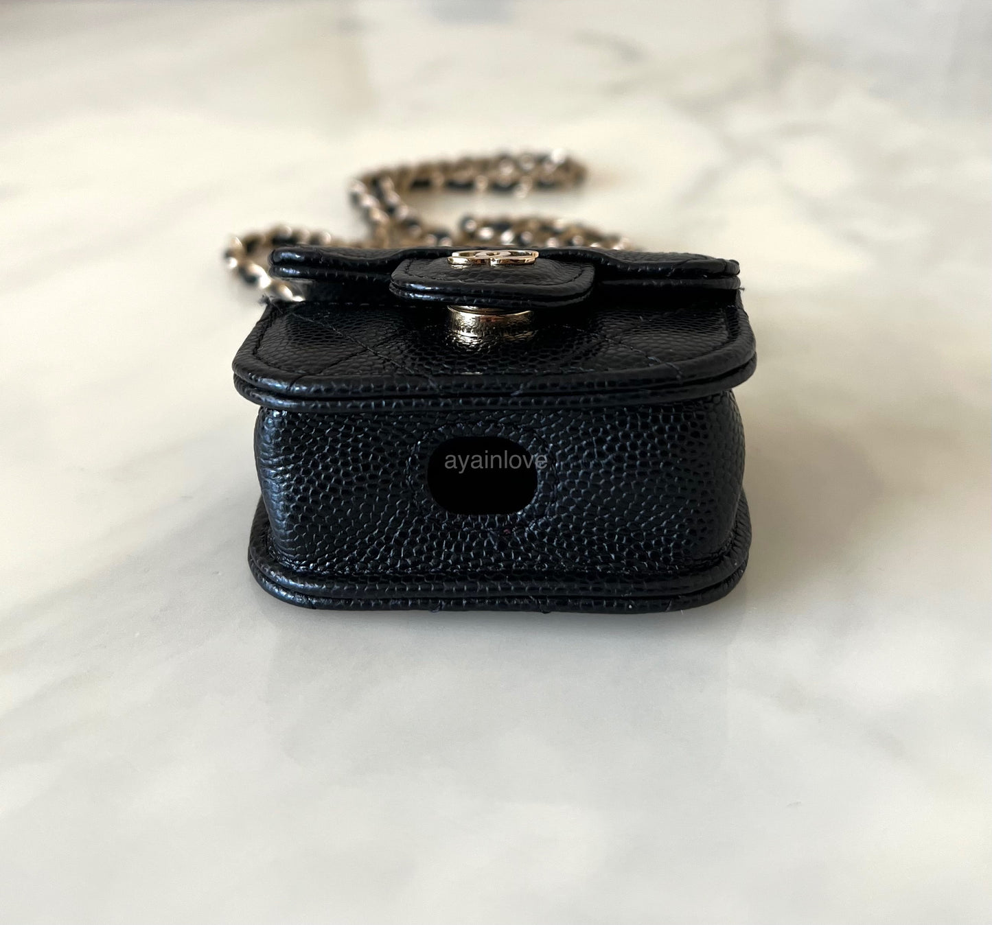 CHANEL Black Caviar AirPods Pro Case Quilted Flap Necklace Strap  Gold Hardware