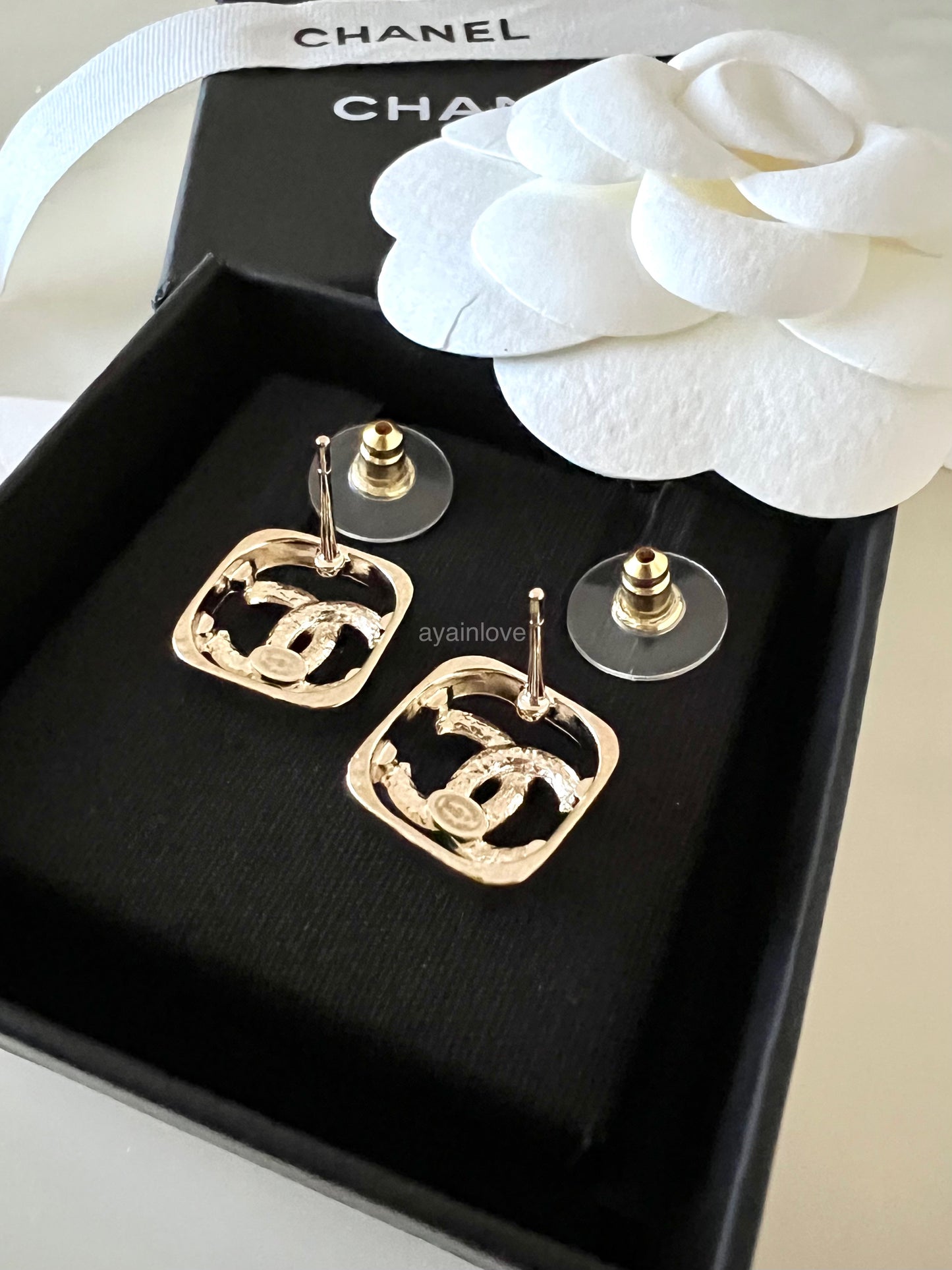 CHANEL 23P Square See Through Crystal CC Stud Earrings Light Gold Hardware