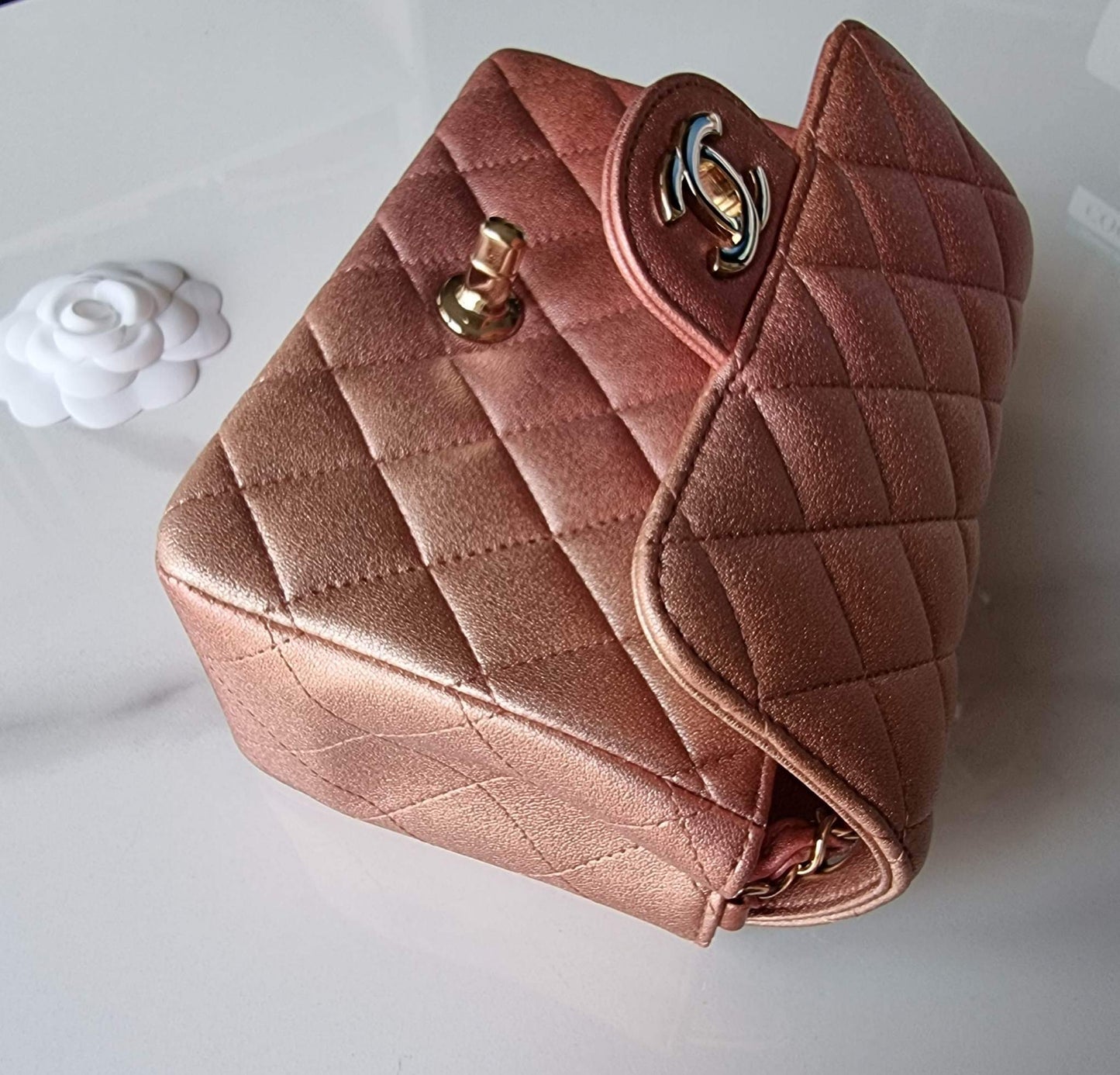 CHANEL 21S Iridescent Rose Gold Square Mini Flap Bag Light Gold Hardware