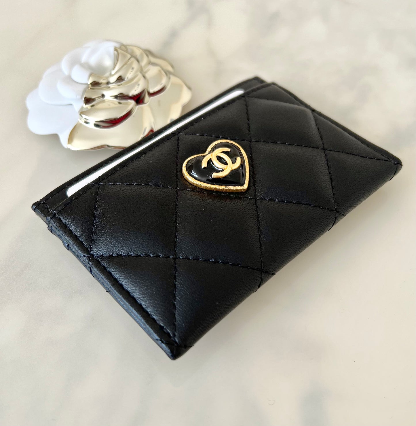 CHANEL 23S Black Heart Lamb Skin Flat Card Holder Gold Hardware