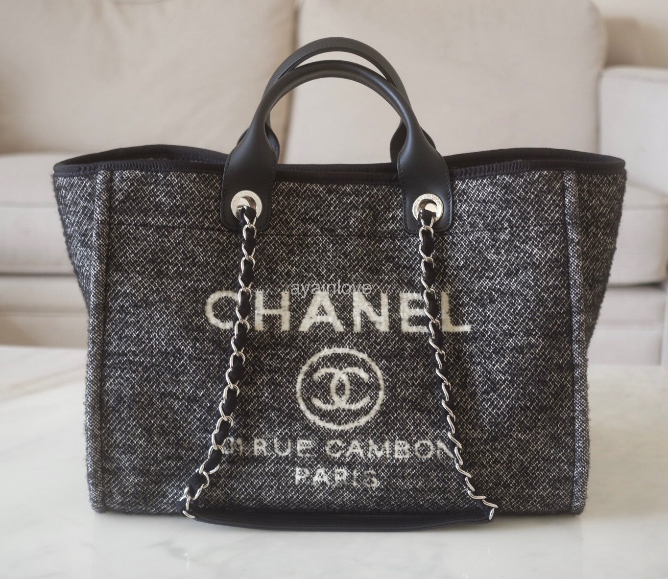 CHANEL Black Wool Deauville Medium 38cm Tote Bag *Microchipped* Silver Hardware