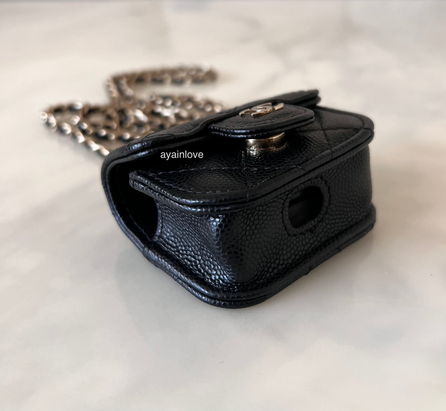 CHANEL Black Caviar AirPods Pro Case Quilted Flap Necklace Strap  Gold Hardware