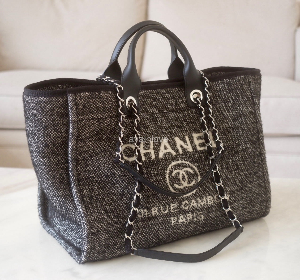 CHANEL Black Wool Deauville Medium 38cm Tote Bag *Microchipped* Silver Hardware