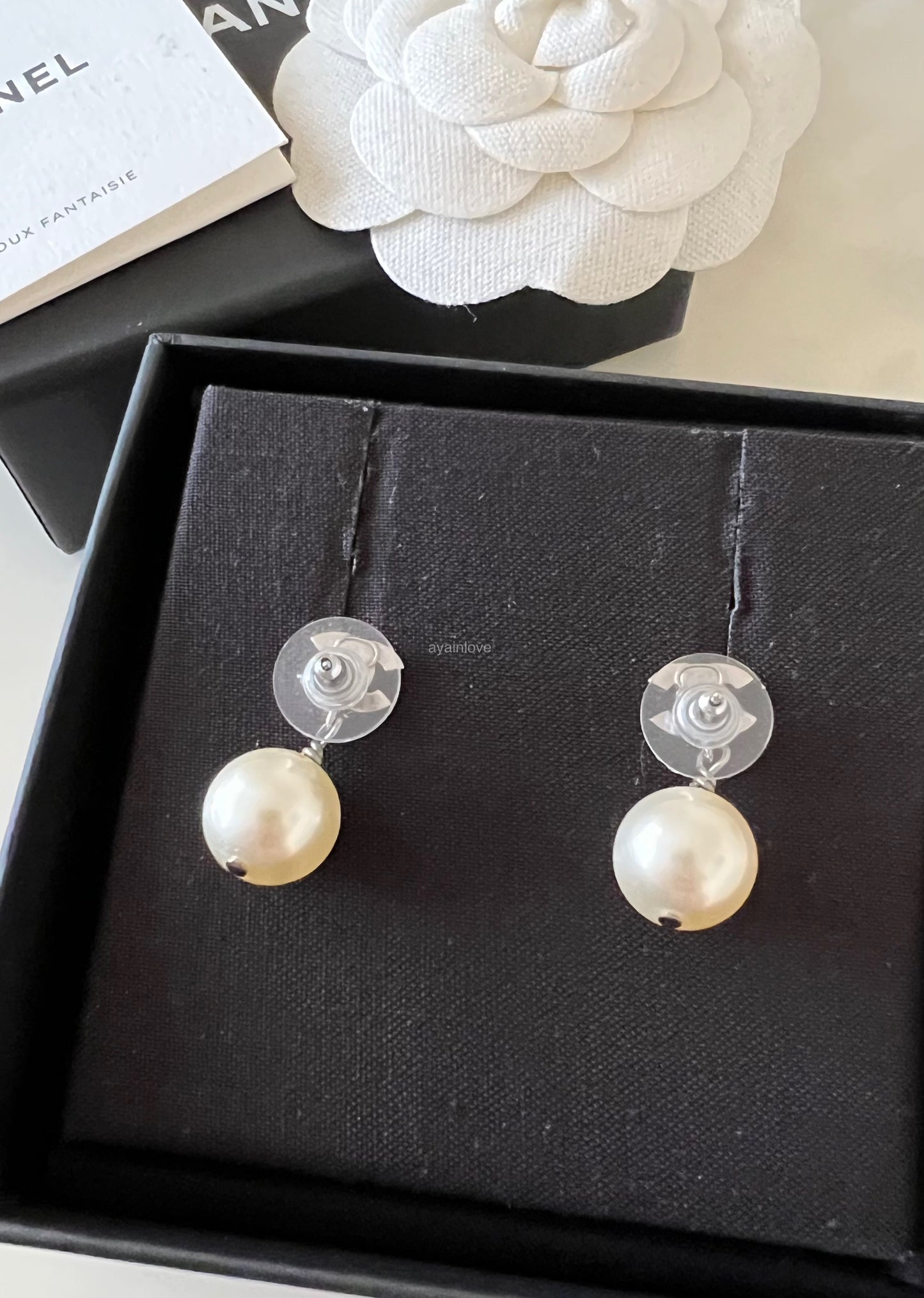 CHANEL Pearl Drop CC Stud Earrings Silver Hardware