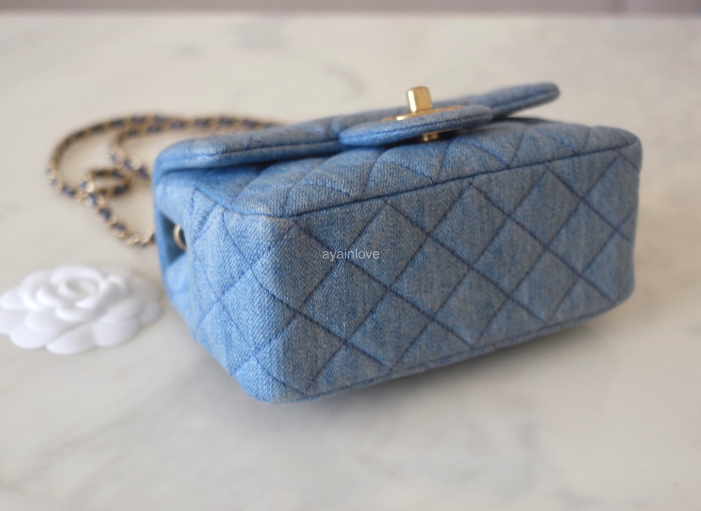 CHANEL 22C Blue Denim Pearl Crush Square Mini Flap Bag Gold Hardware