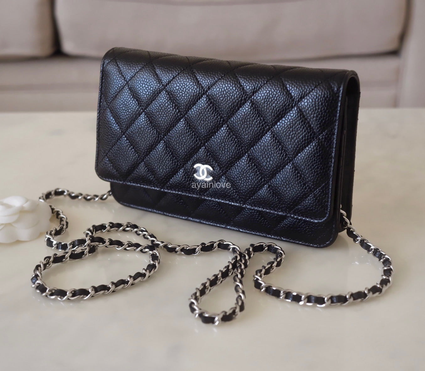 CHANEL Black Caviar Classic Wallet On Chain Microchipped Silver Hardware