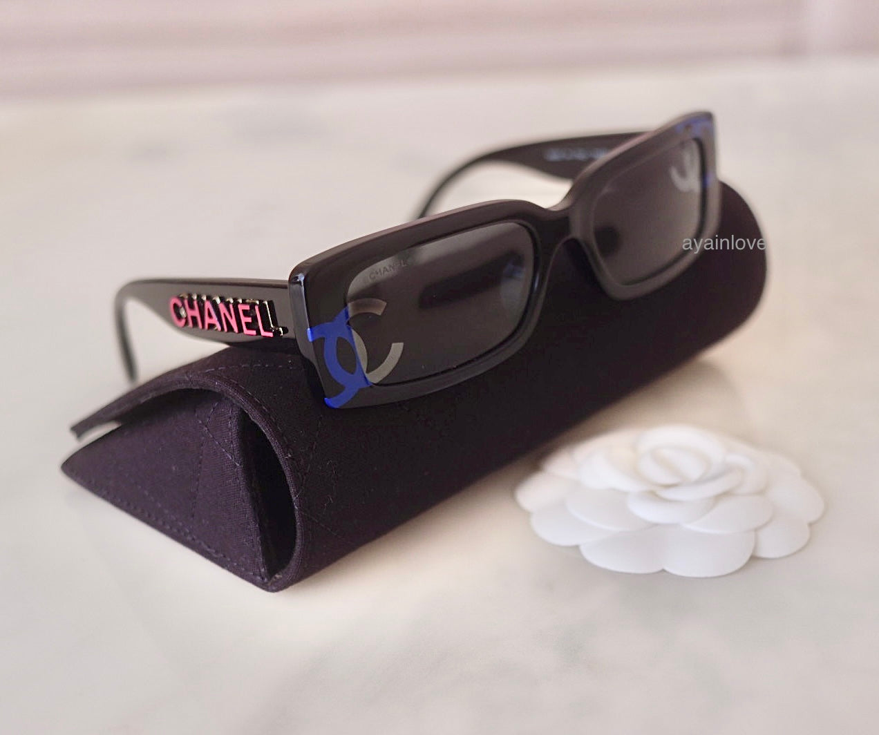 CHANEL Black Red Scripts and CC Logo Rectangle Sunglasses