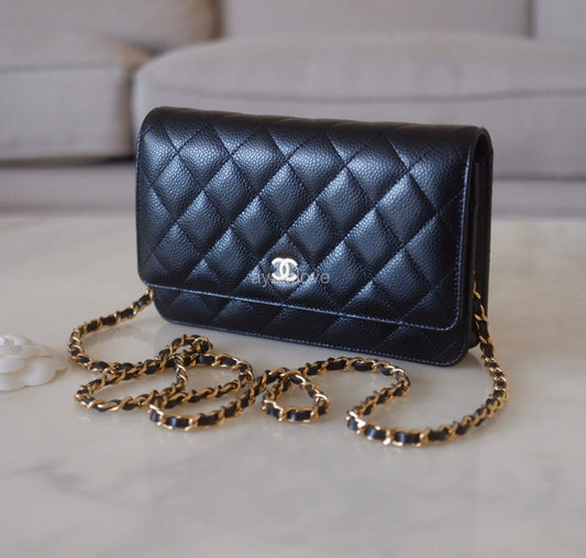 CHANEL Black Caviar Classic Wallet On Chain Gold Hardware