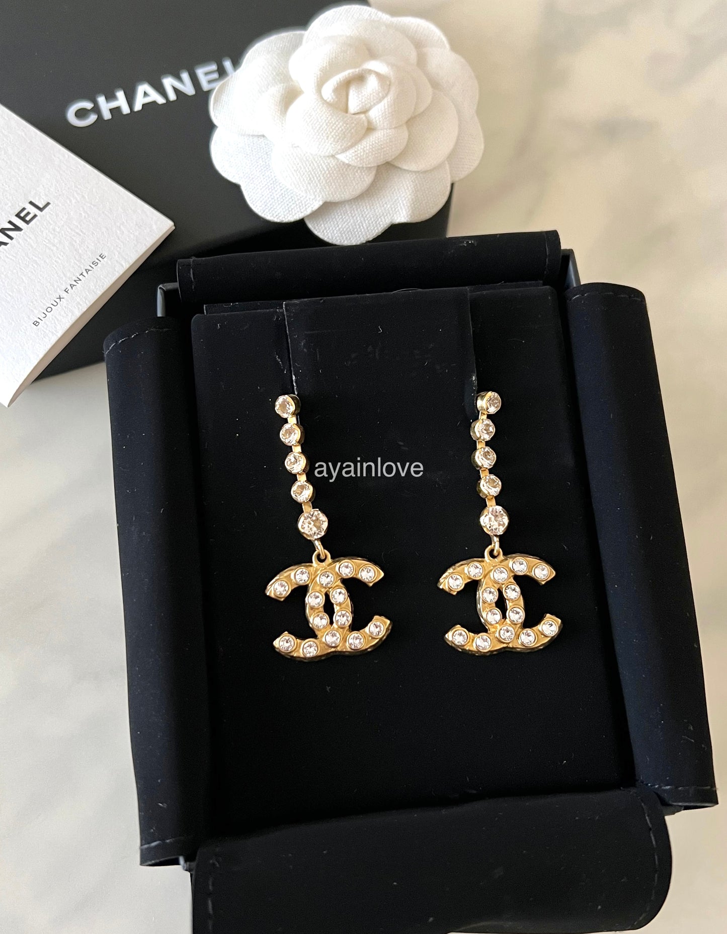 CHANEL 20S Crystal CC Drop Stud Earrings Gold Hardware