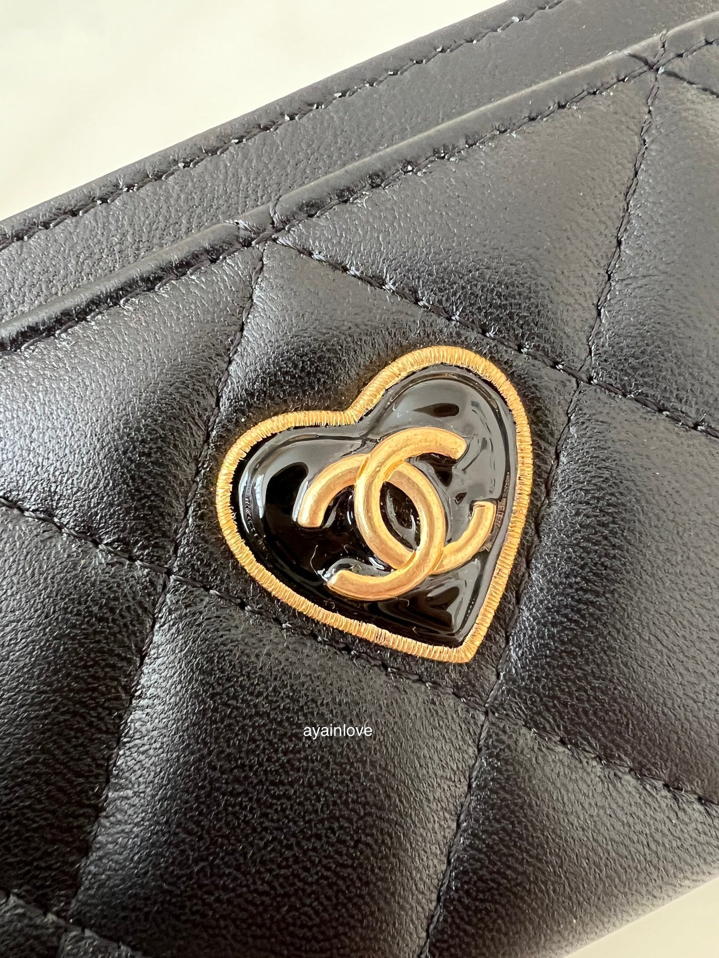 CHANEL 23S Black Heart Lamb Skin Flat Card Holder Gold Hardware