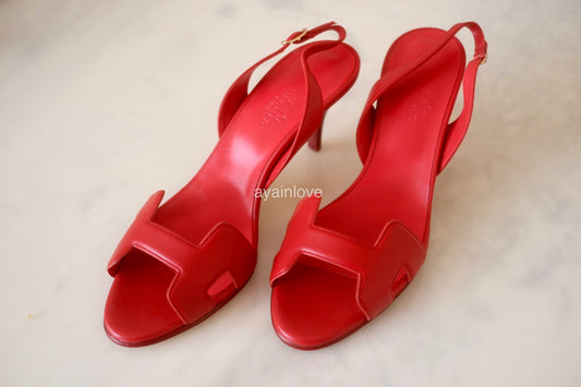 HERMES Premiere Red Rogue Shoes Heel Sandals Size 38