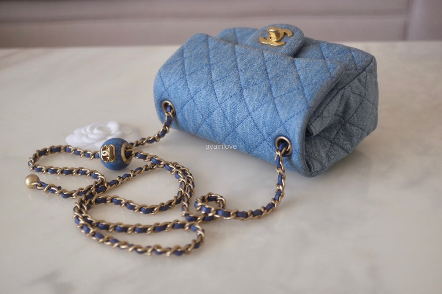 CHANEL 22C Blue Denim Pearl Crush Square Mini Flap Bag Gold Hardware