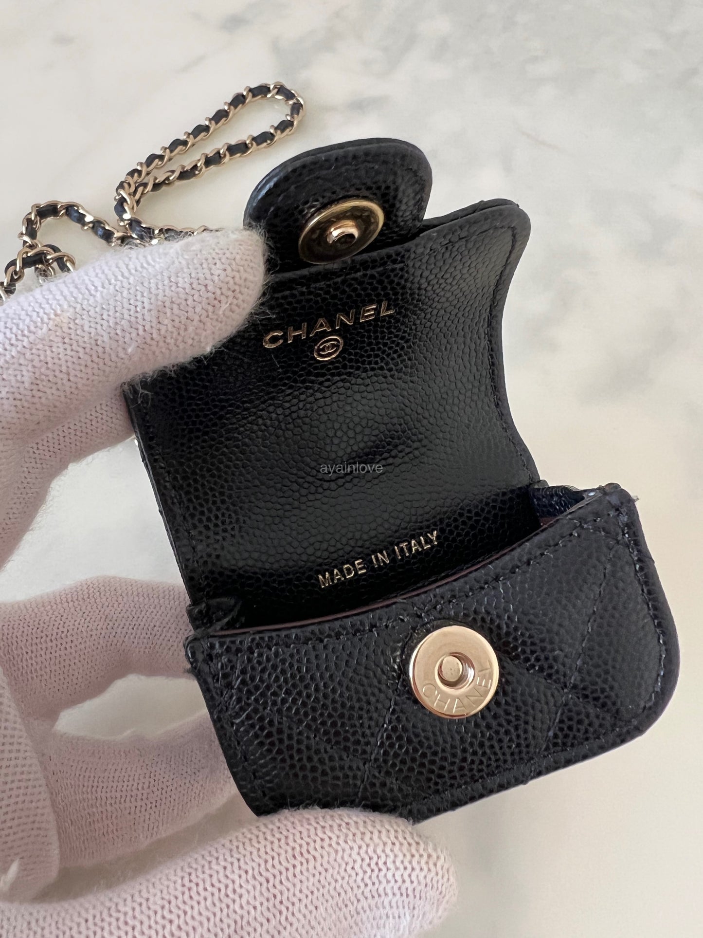 CHANEL Black Caviar AirPods Pro Case Quilted Flap Necklace Strap  Gold Hardware