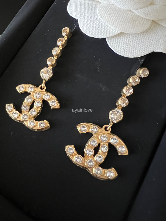 CHANEL 20S Crystal CC Drop Stud Earrings Gold Hardware