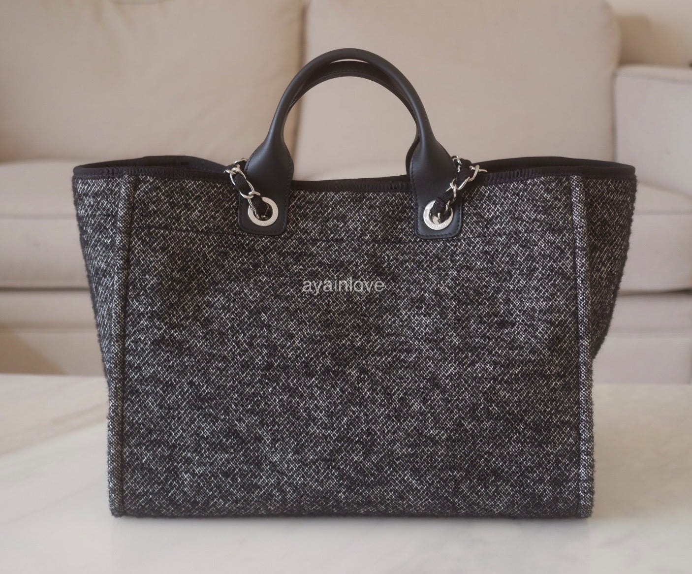 CHANEL Black Wool Deauville Medium 38cm Tote Bag *Microchipped* Silver Hardware