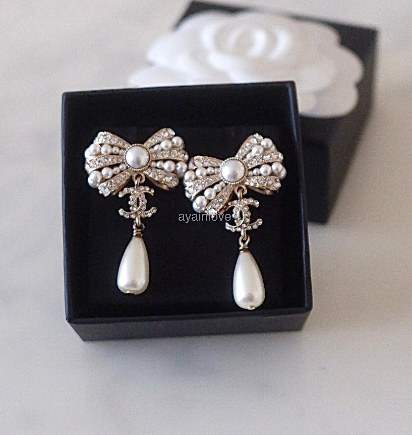 CHANEL 20S Bow Pearl Crystal CC Drop Stud Earrings Light Gold Hardware