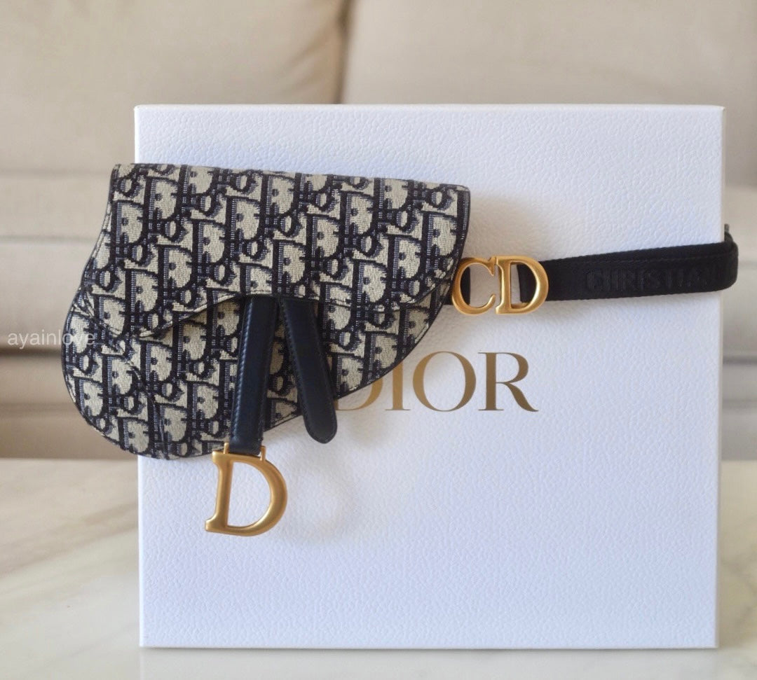 DIOR Saddle Blue Oblique Jacquard Belt Pouch Bag Gold Hardware