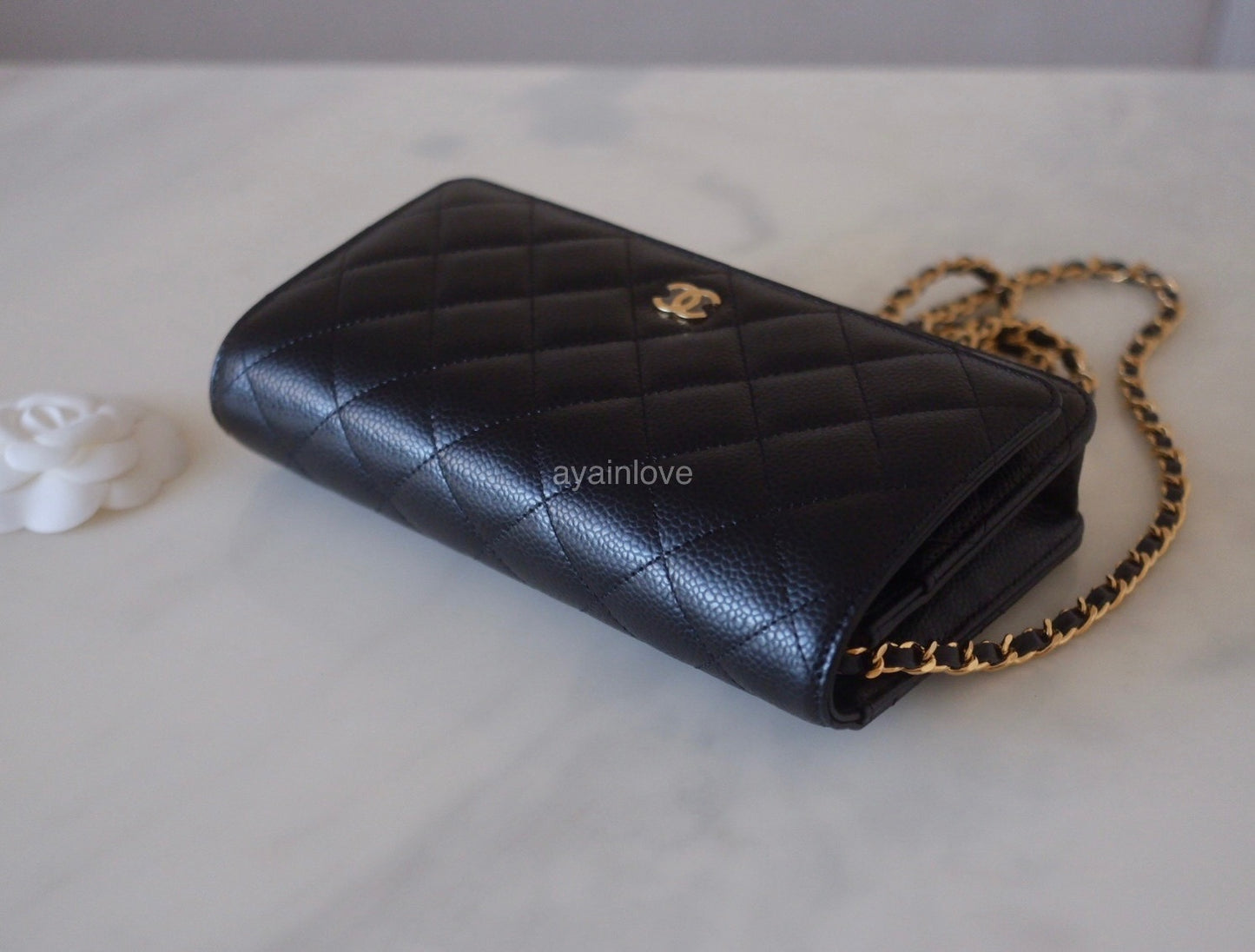 CHANEL Black Caviar Classic Wallet On Chain Gold Hardware