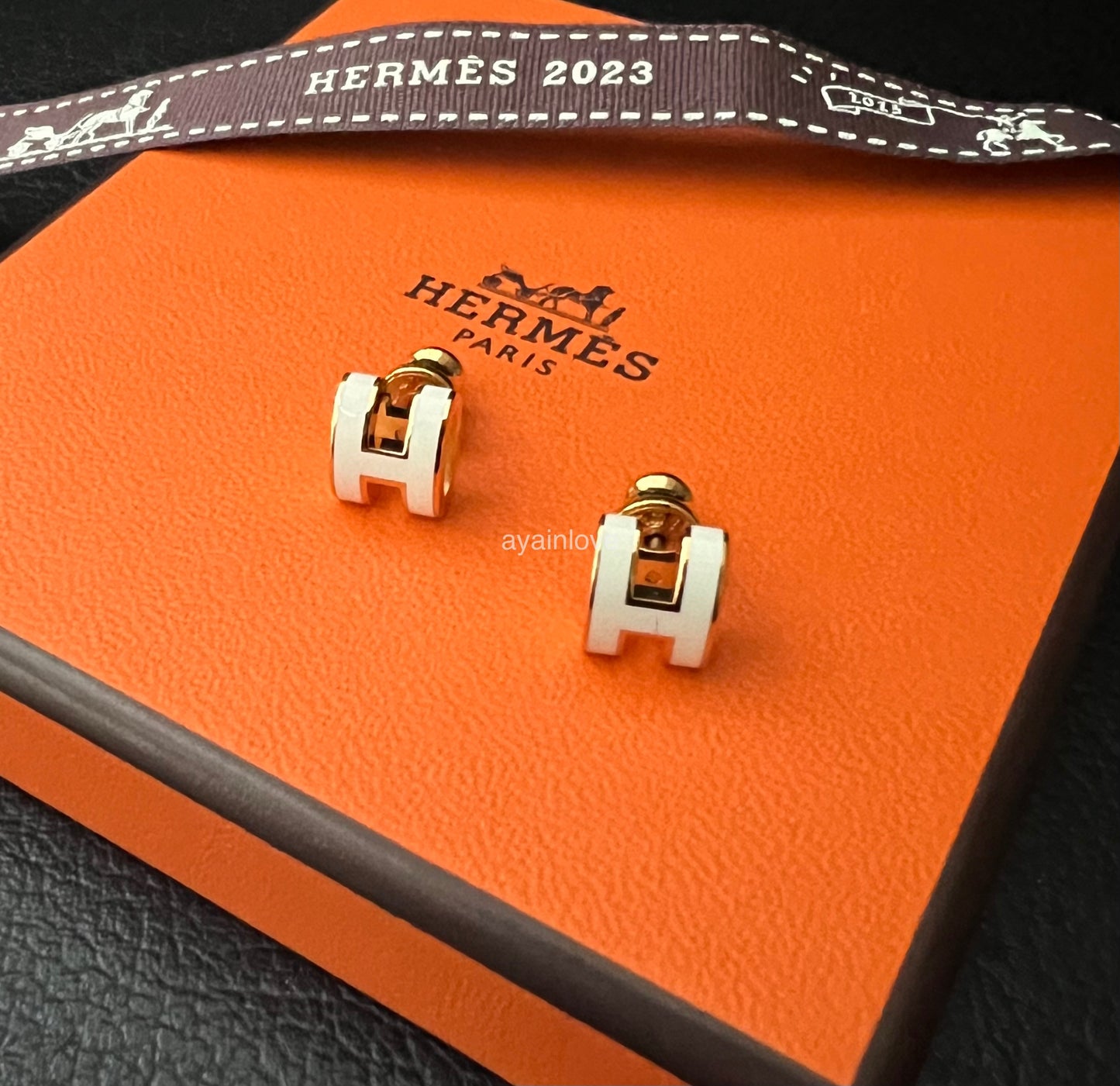 HERMES Mini H Pop Earrings Blanc White Rose Gold Hardware