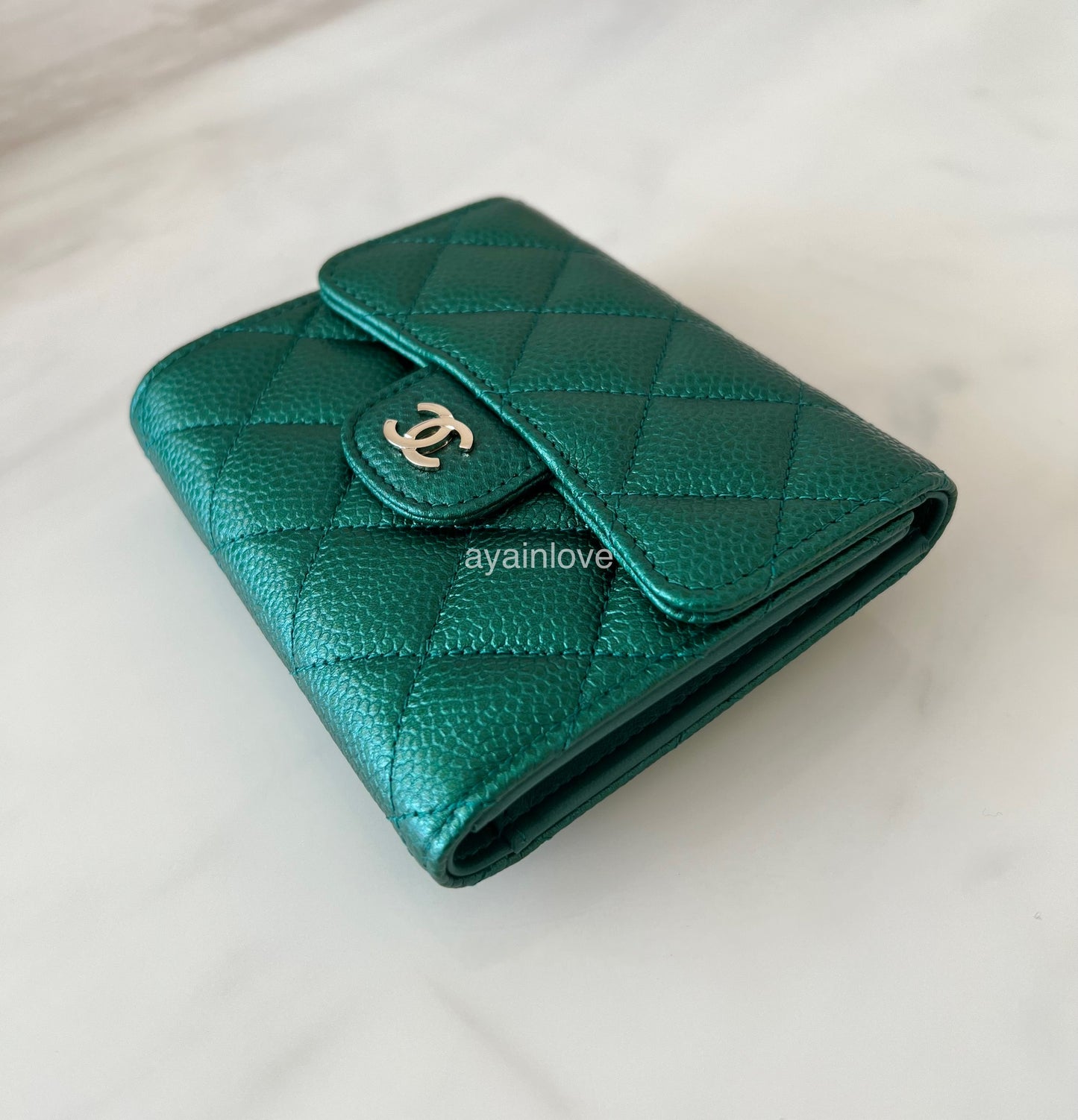 CHANEL 18S Iridescent Green Caviar Trifold Wallet Light Gold Hardware