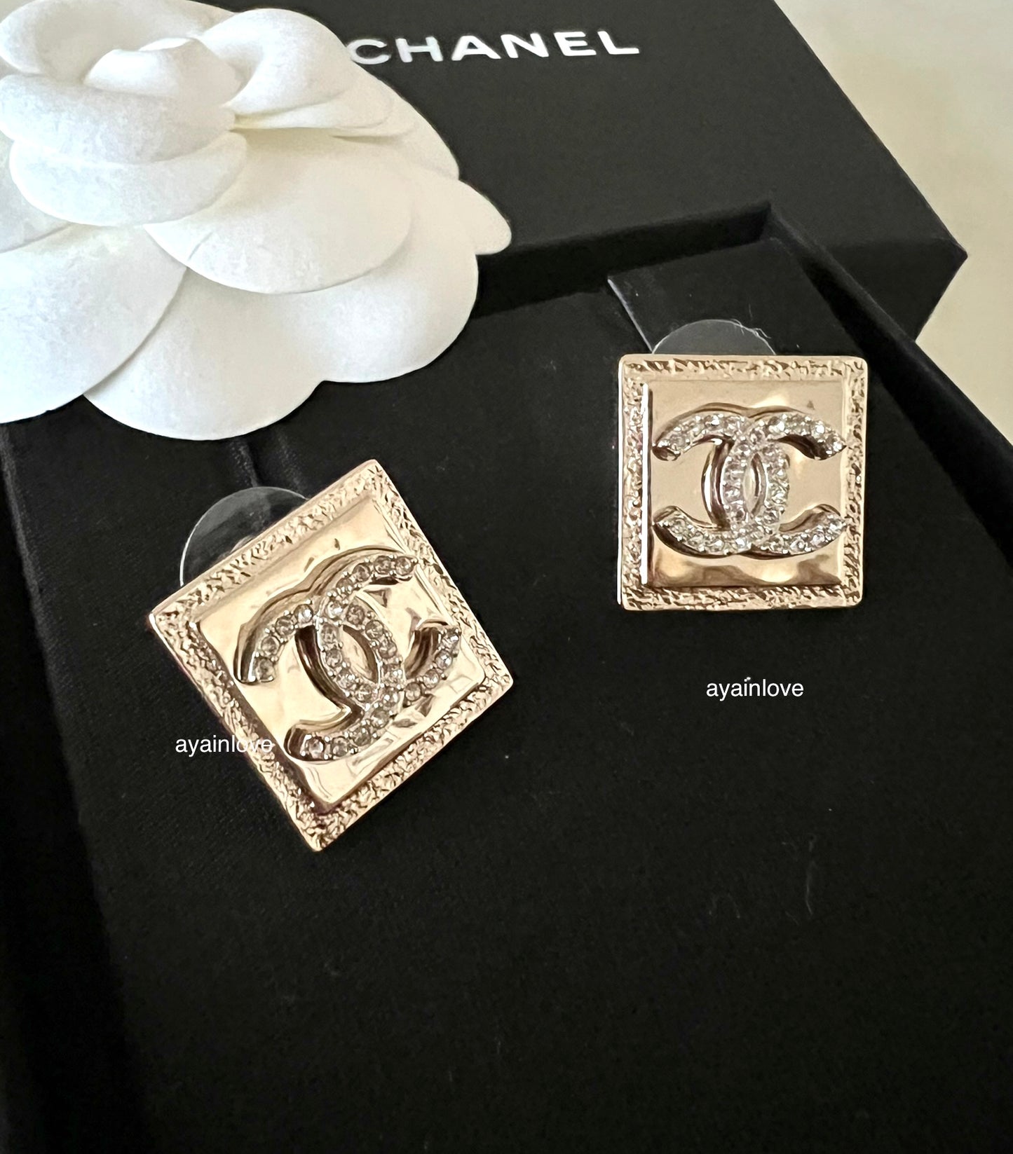 CHANEL 23P Square Crystal CC Stud Earrings Light Gold Hardware