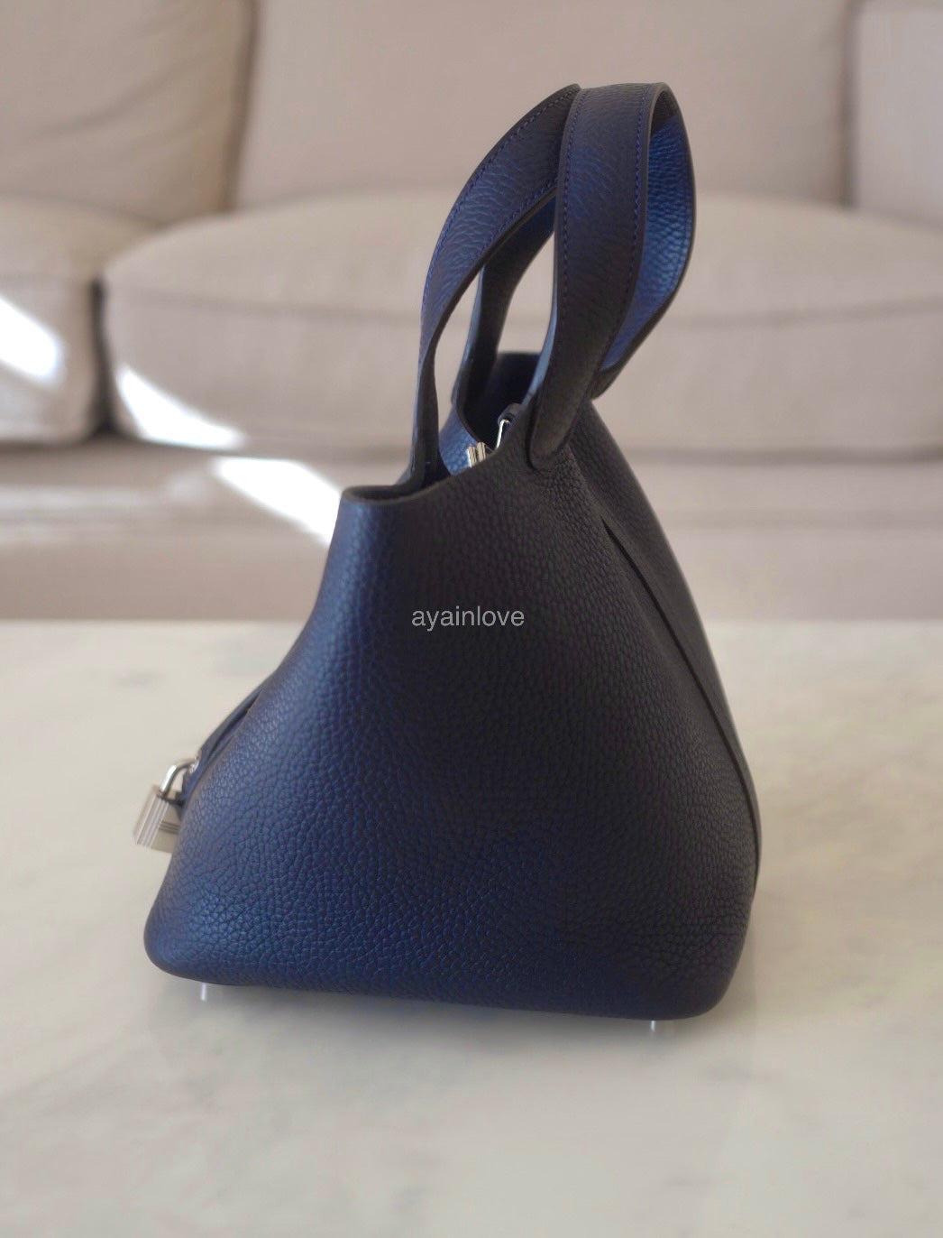 Hermes Lindy Bag Clemence Leather Palladium Hardware In Navy Blue