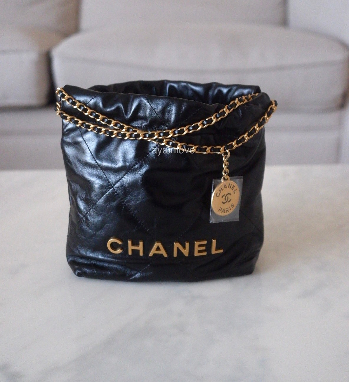 CHANEL 23A Mini 22 Black Shiny Calf Skin Bag Gold Hardware