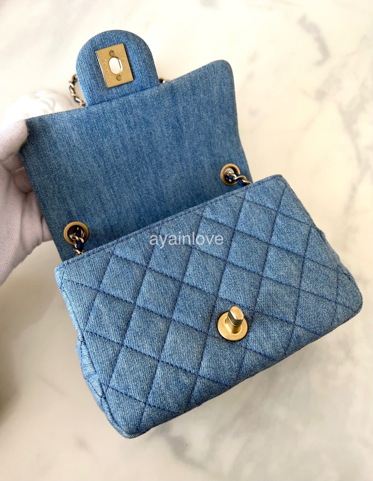 CHANEL 22C Blue Denim Pearl Crush Square Mini Flap Bag Gold Hardware