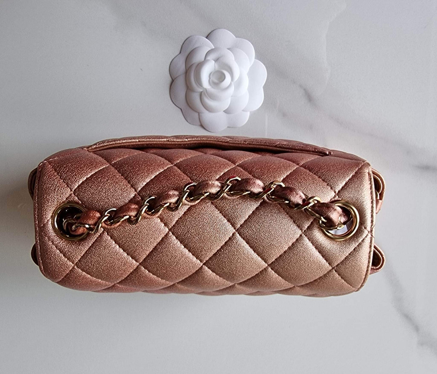 CHANEL 21S Iridescent Rose Gold Square Mini Flap Bag Light Gold Hardware