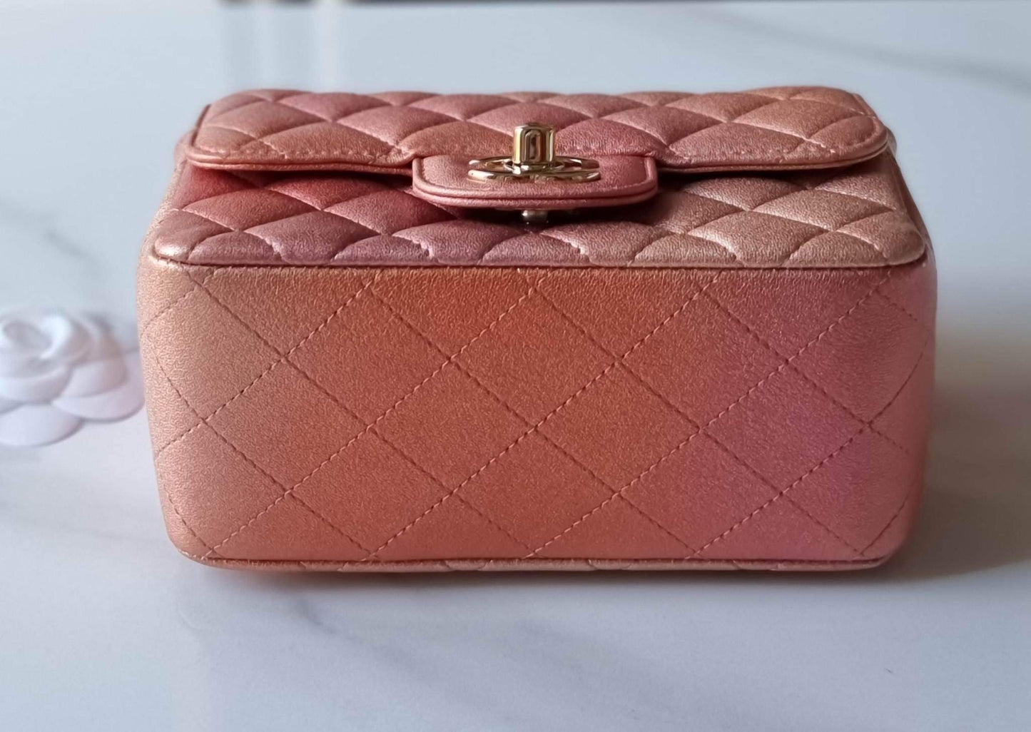 CHANEL 21S Iridescent Rose Gold Square Mini Flap Bag Light Gold Hardware