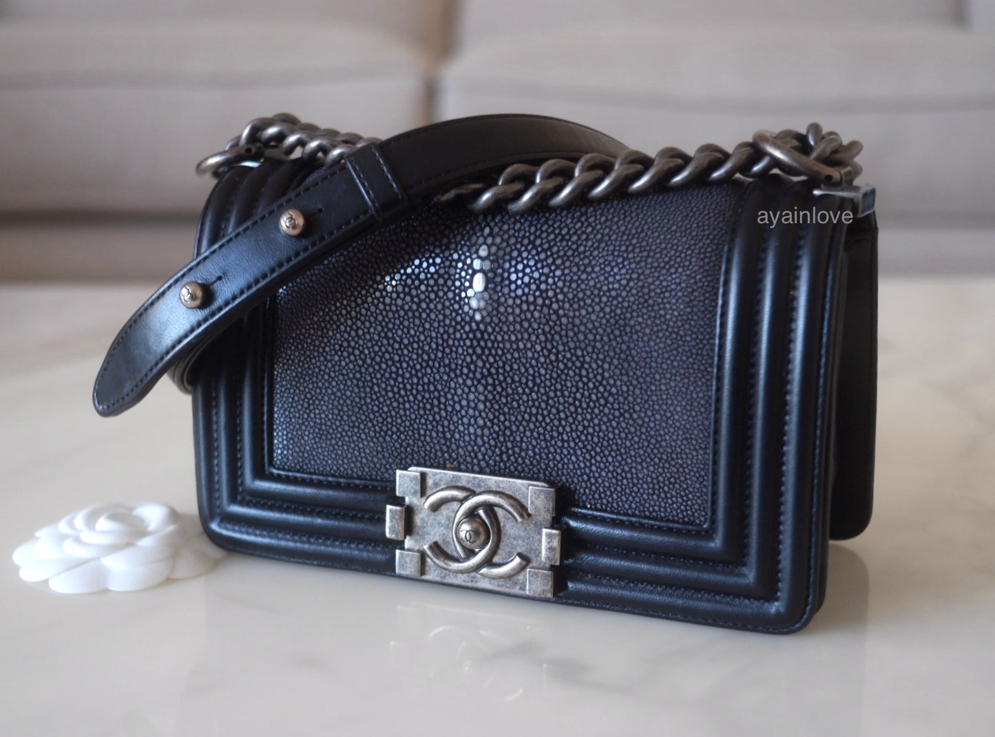 CHANEL Exotic Black Galuchat Stingray Small Boy Flap Bag Ruthenium Hardware