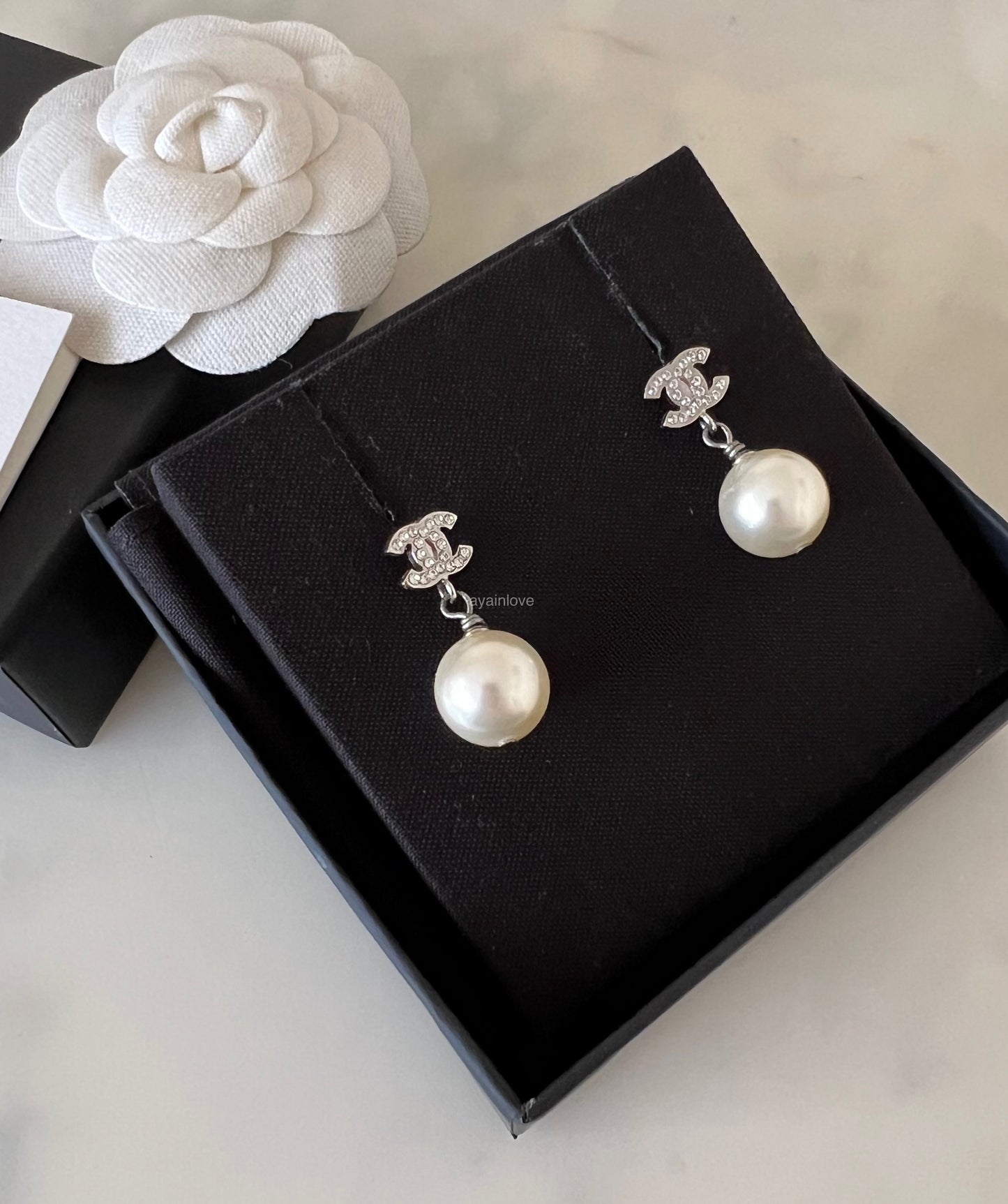 CHANEL Pearl Drop CC Stud Earrings Silver Hardware