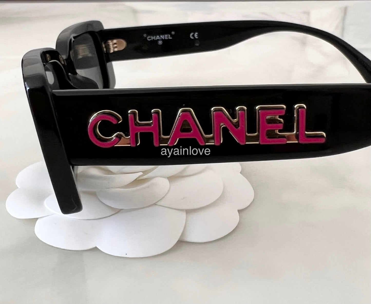 CHANEL Black Red Scripts and CC Logo Rectangle Sunglasses