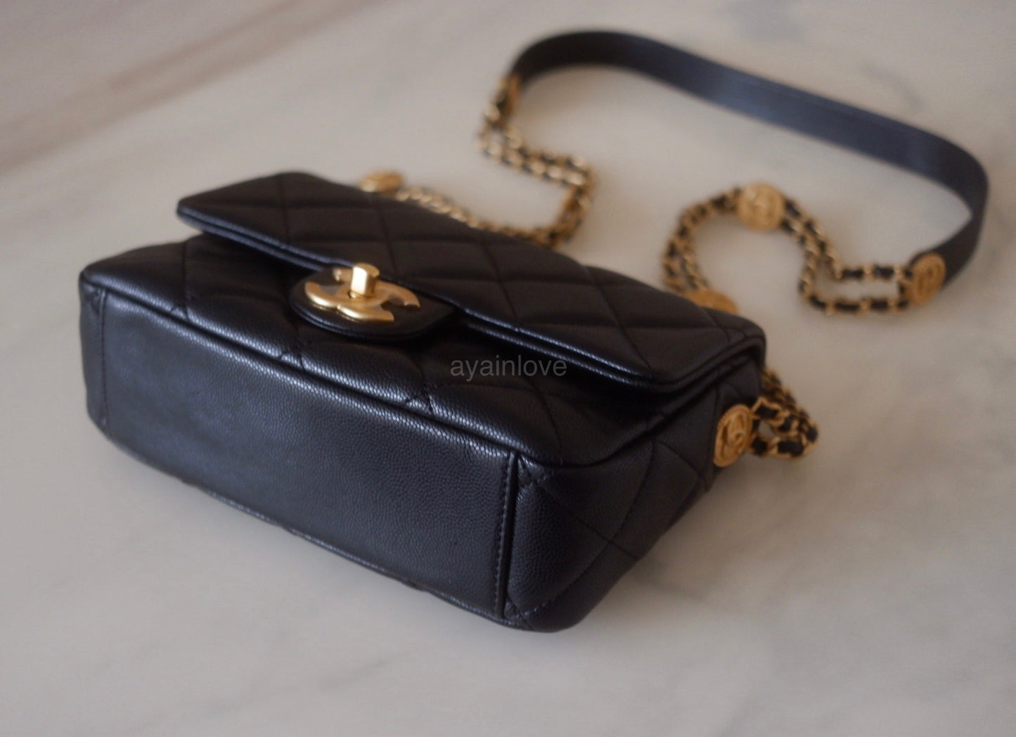 CHANEL 22A Black Caviar Twist Your Buttons 21cm Mini Flap Bag Gold Hardware