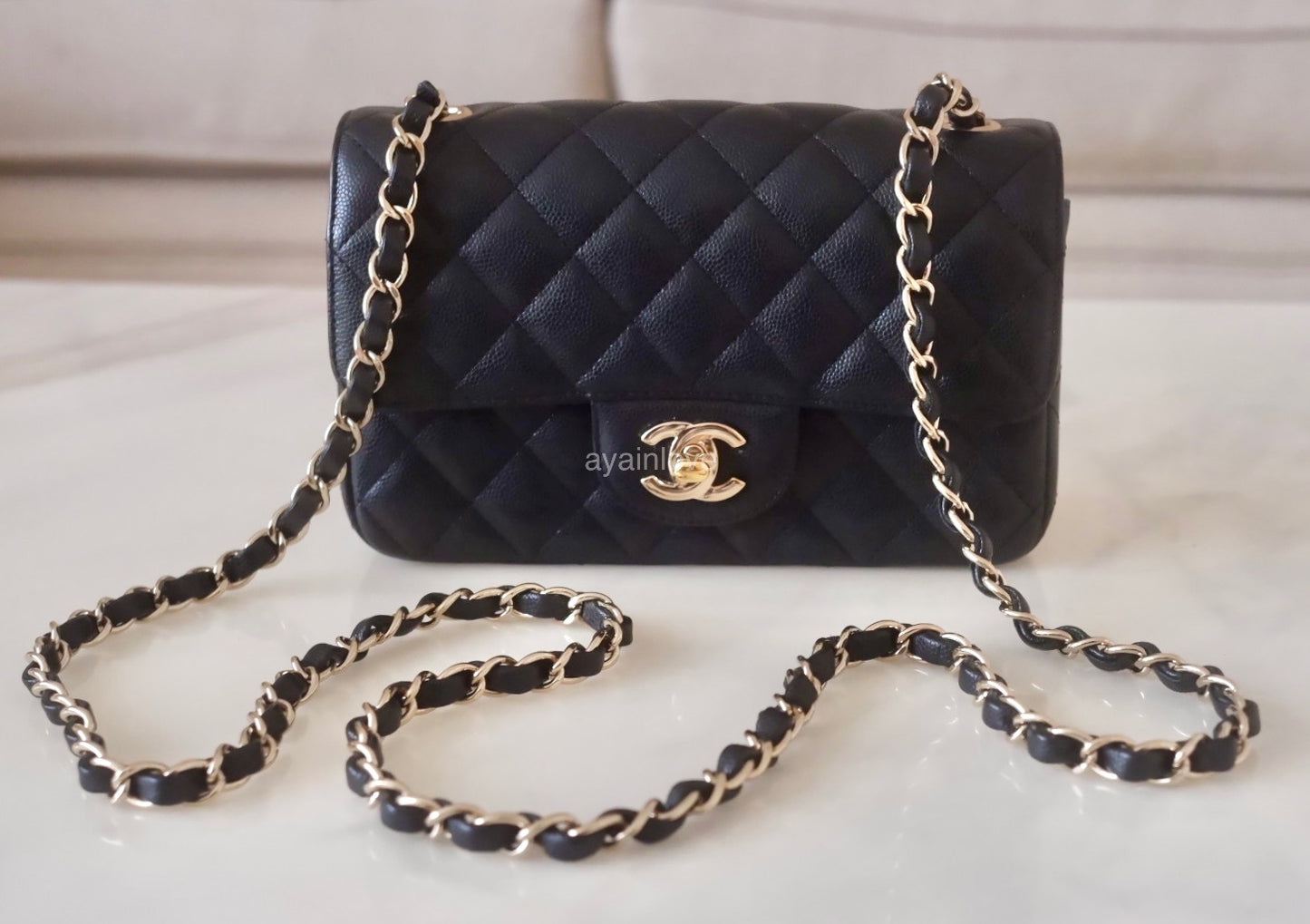 CHANEL 17C Black Caviar Edge Stitching Rectangular Mini Flap Bag Gold Hardware