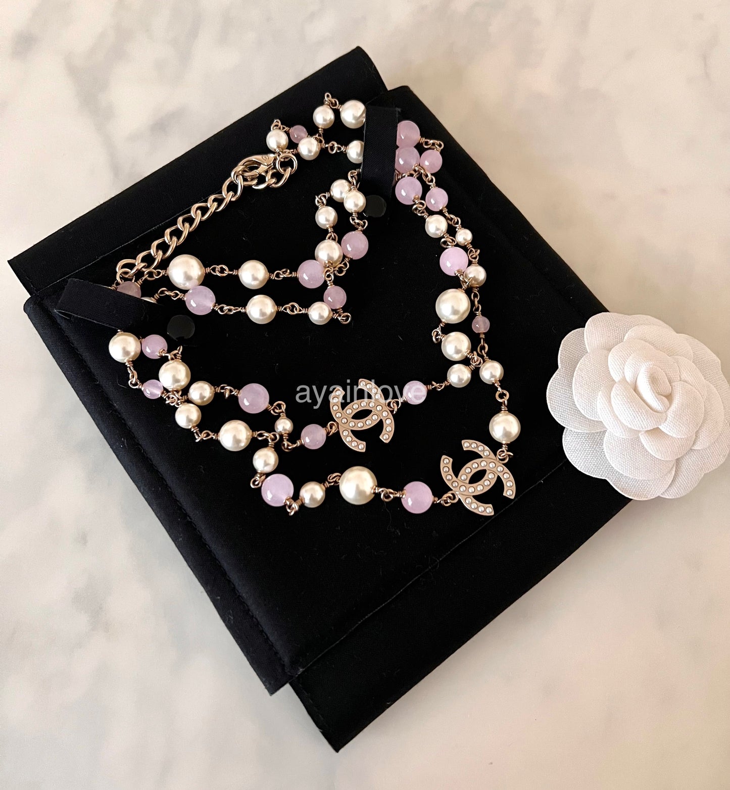 CHANEL 18P Pink White Pearl CC Long Necklace Light Gold Hardware