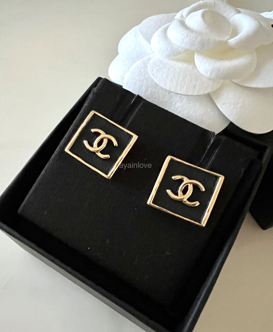 CHANEL 23S Square Black CC Stud Earrings Gold Hardware