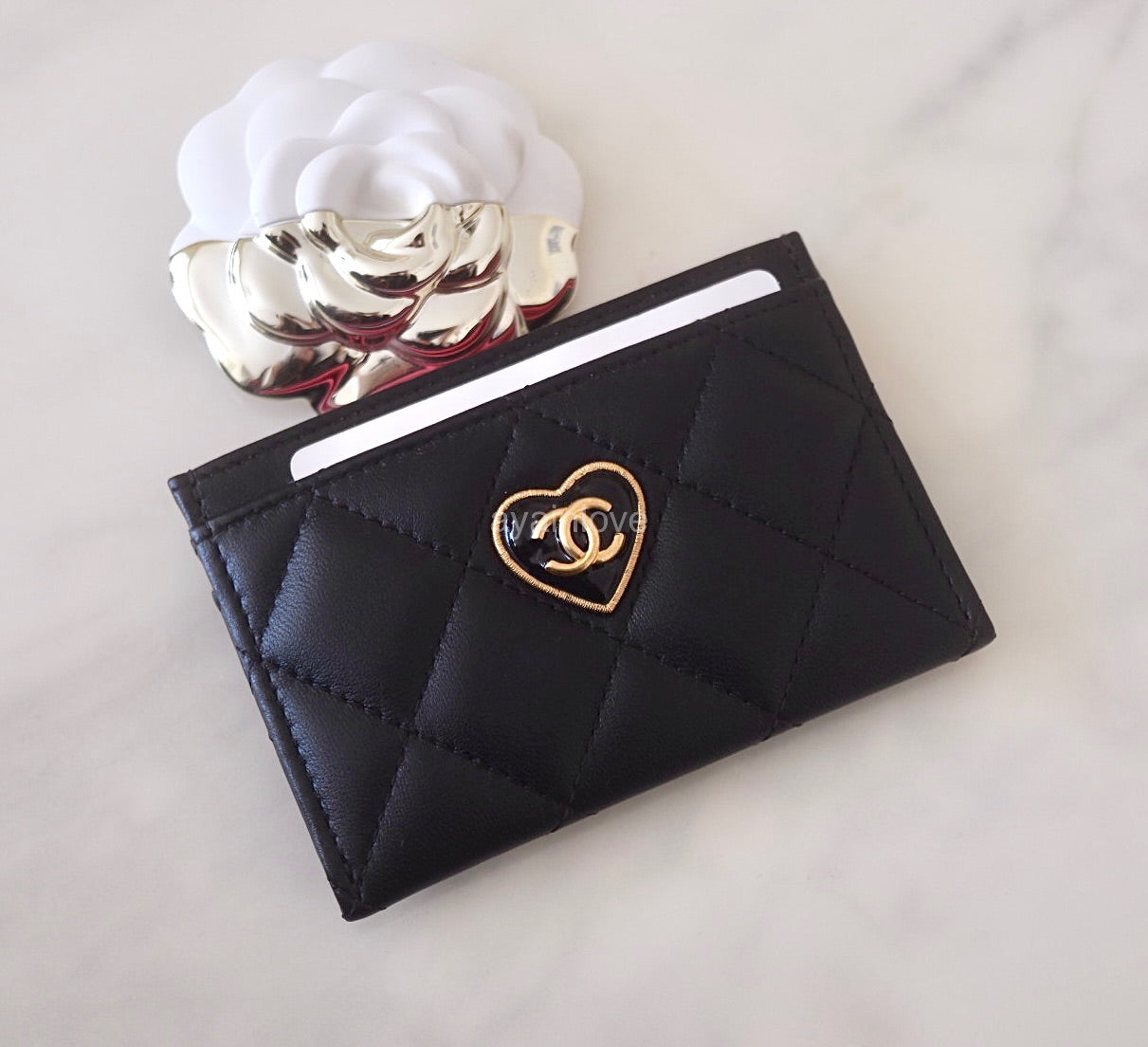 CHANEL 23S Black Heart Lamb Skin Flat Card Holder Gold Hardware