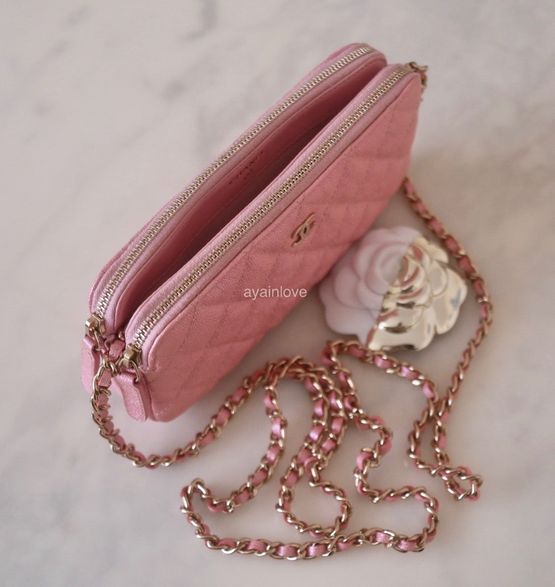 CHANEL 19S Iridescent Pink Caviar Phone Clutch on Chain Detachable Strap Light Gold Hardware