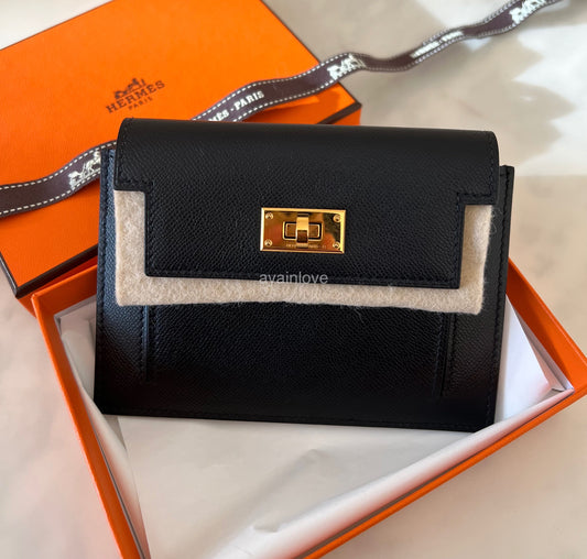 HERMES Kelly Pocket Compact Wallet Black Noir Madame Leather Gold Hardware