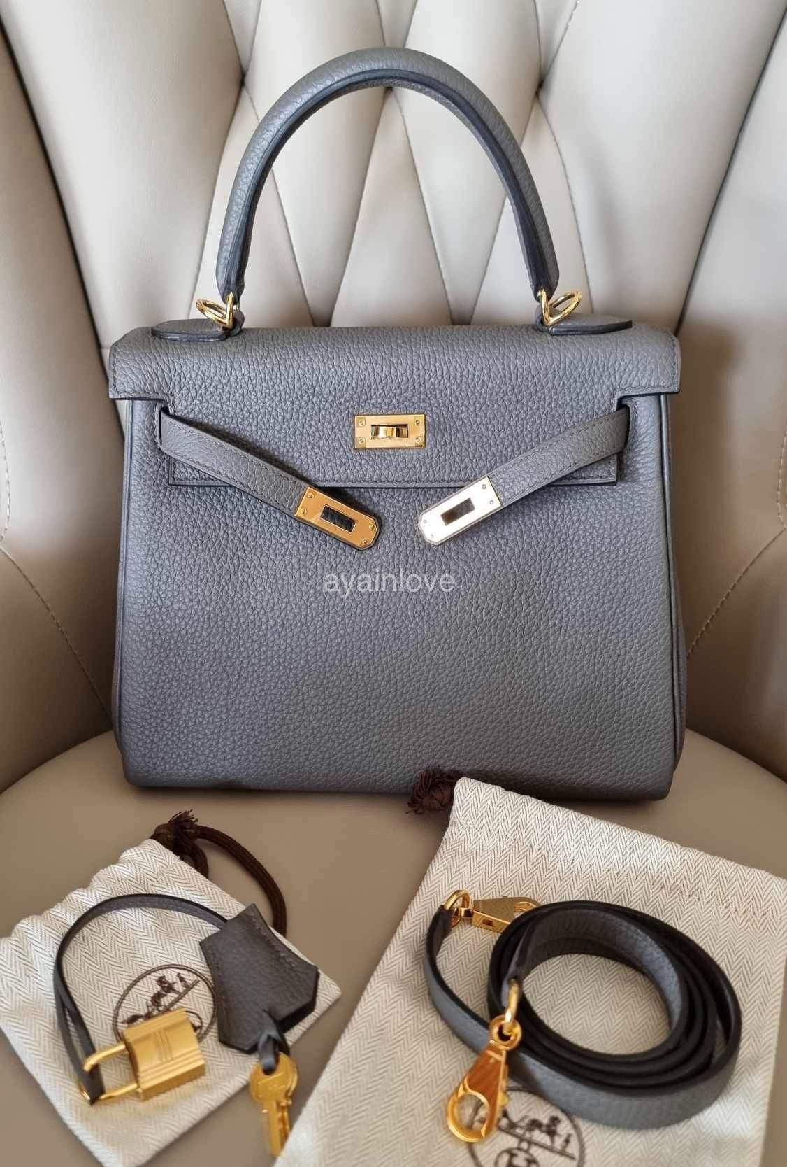 Hermes Kelly bag 28 Retourne Etoupe grey Togo leather Silver hardware