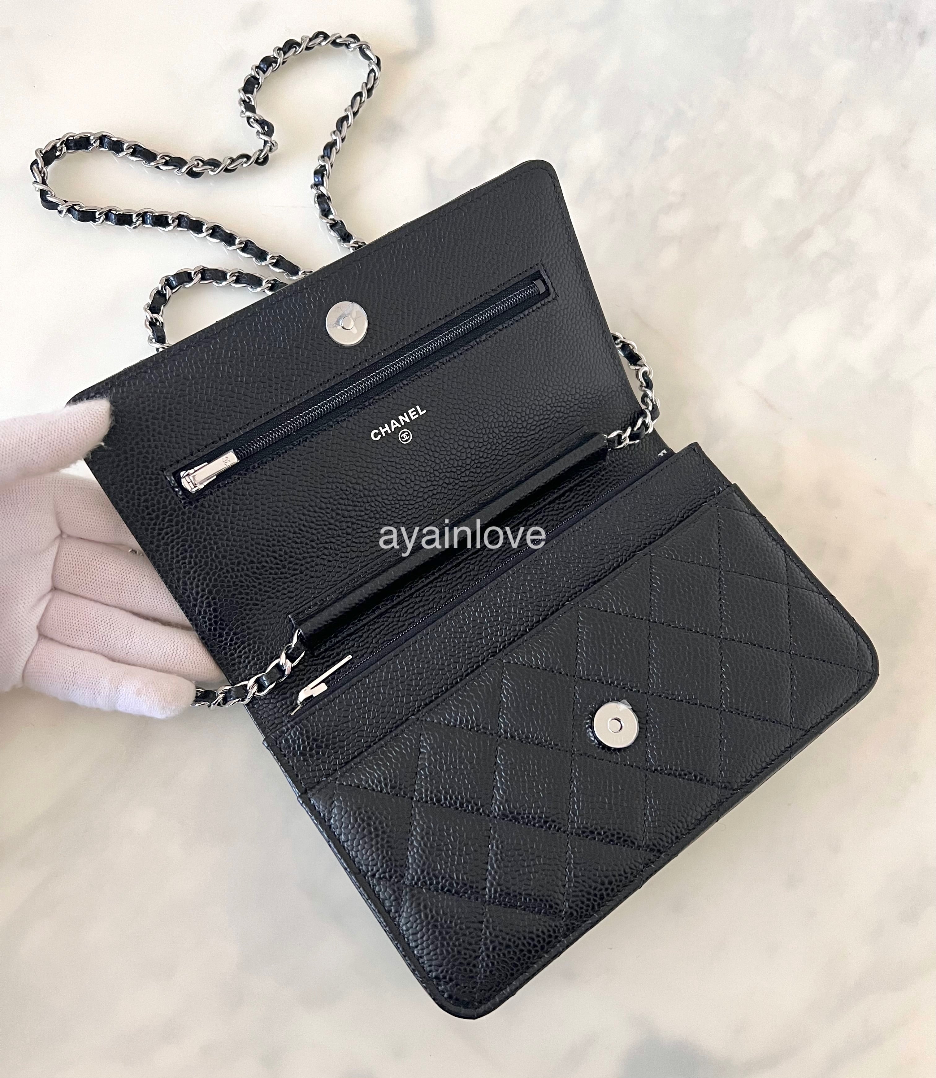 CHANEL Black Caviar Classic Wallet On Chain Microchipped Silver