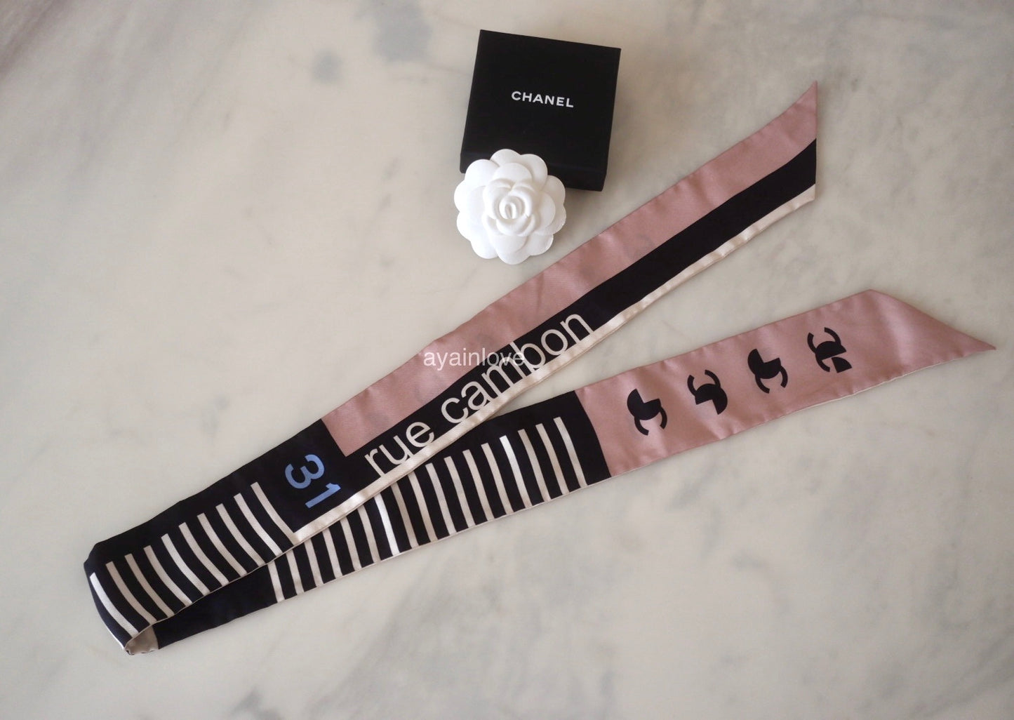 CHANEL Pink White Silk CC Rue Cambon Twilly Scarf Bandeau