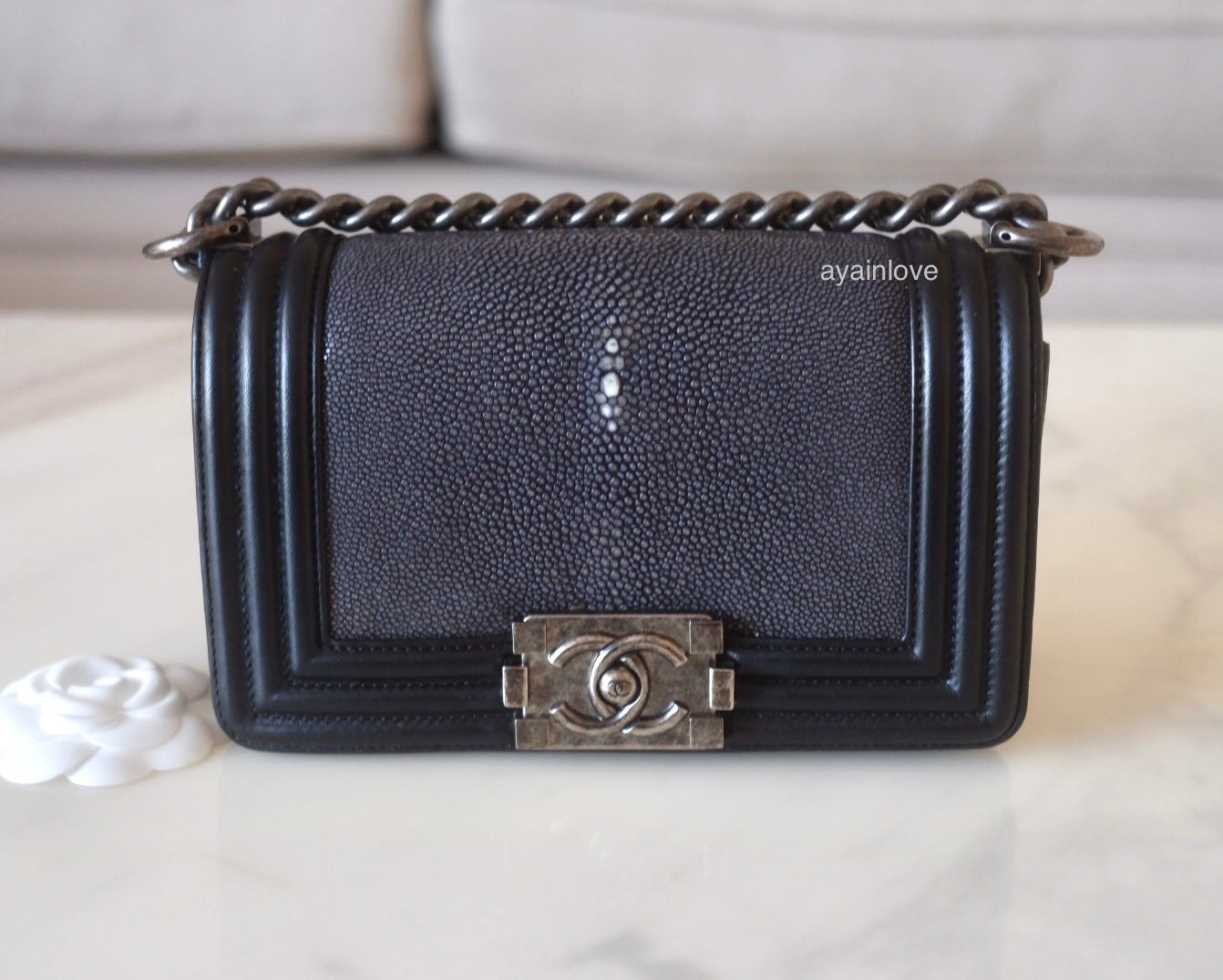 CHANEL Exotic Black Galuchat Stingray Small Boy Flap Bag Ruthenium Hardware