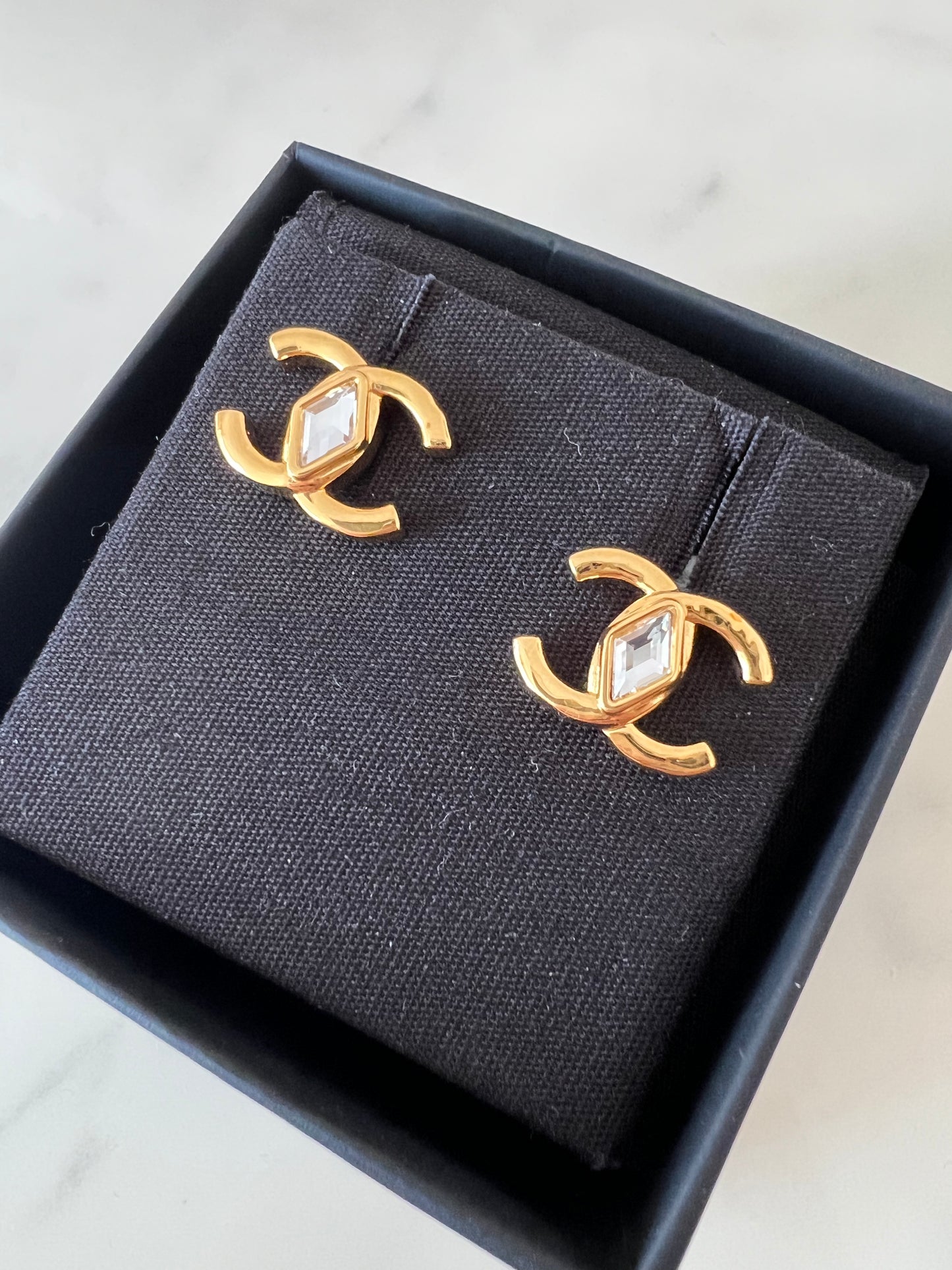 CHANEL Gold Crystal Medium CC Stud Earrings