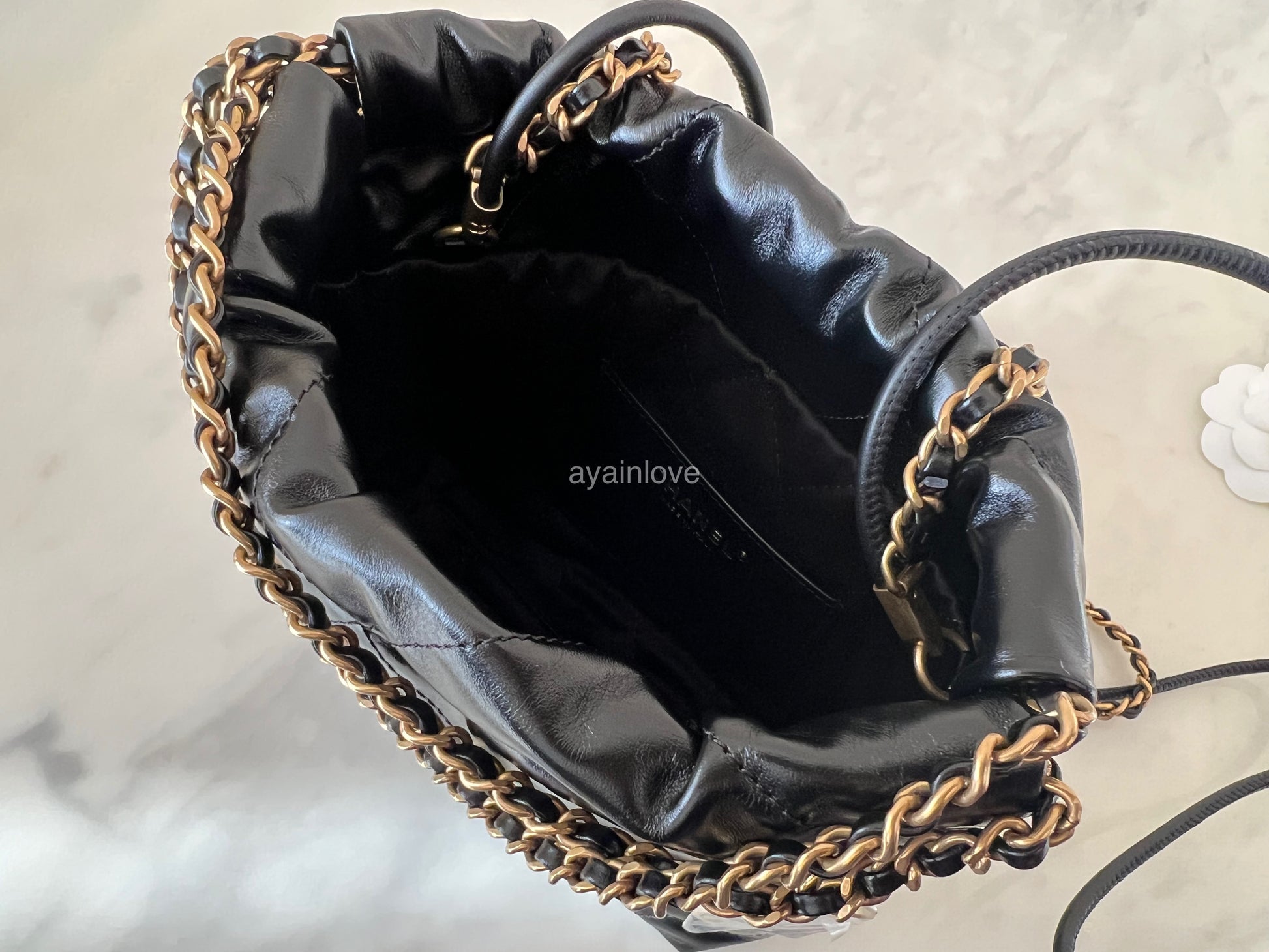 CHANEL 23A Mini 22 Black Shiny Calf Skin Bag Gold Hardware – AYAINLOVE  CURATED LUXURIES