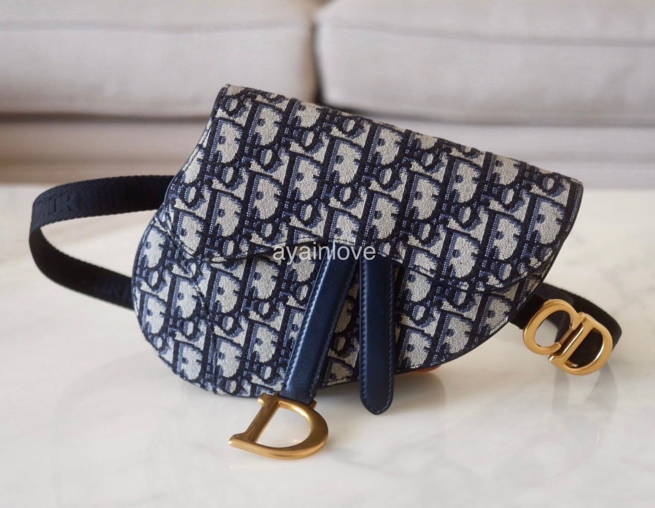 DIOR Saddle Blue Oblique Jacquard Belt Pouch Bag Gold Hardware