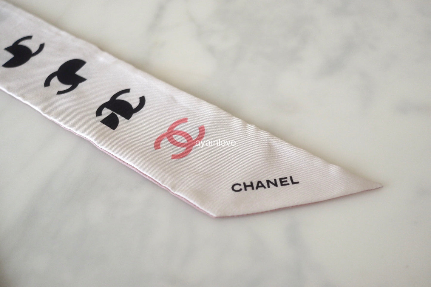 CHANEL Pink White Silk CC Rue Cambon Twilly Scarf Bandeau